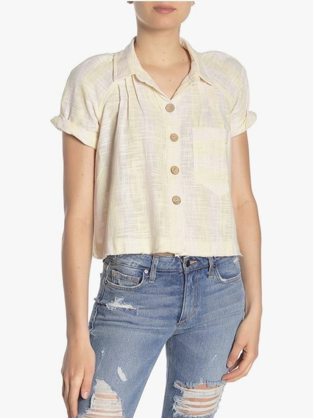 Free People Away At Sea striped frayed-hem shirt in a cotton/linen blend